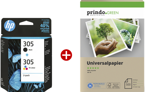 HP 305 zwart / meer kleuren value pack + Prindo Green Recyclingpapier 500 Blatt