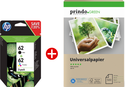 HP 62 zwart / meer kleuren value pack + Prindo Green Recyclingpapier 500 Blatt