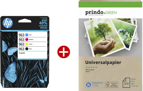 HP 963 zwart / cyan / magenta / geel value pack + Prindo Green Recyclingpapier 500 Blatt